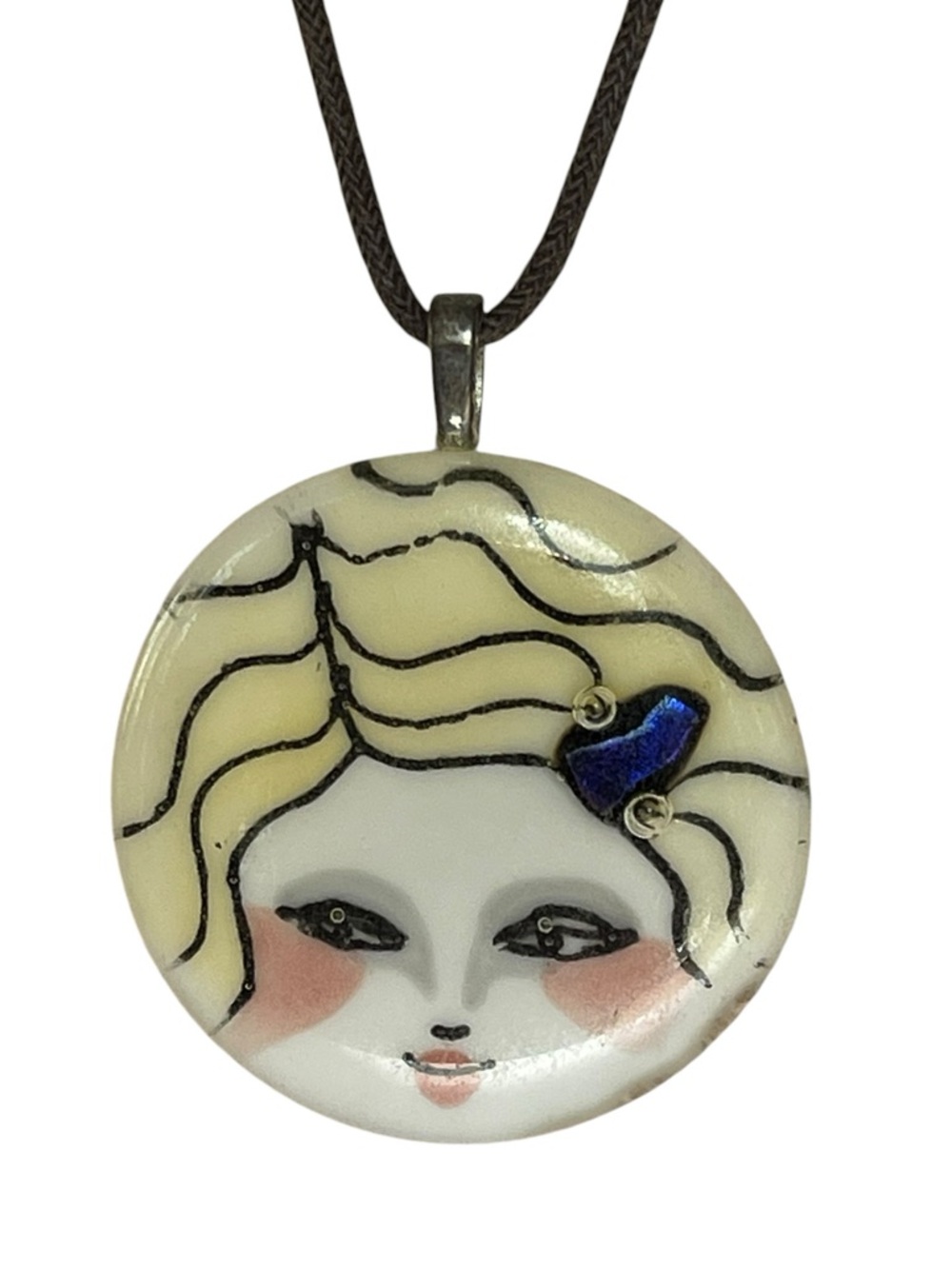 Artisan Painted Porcelain Face Pendant M Riegel 2011 Signed Necklace